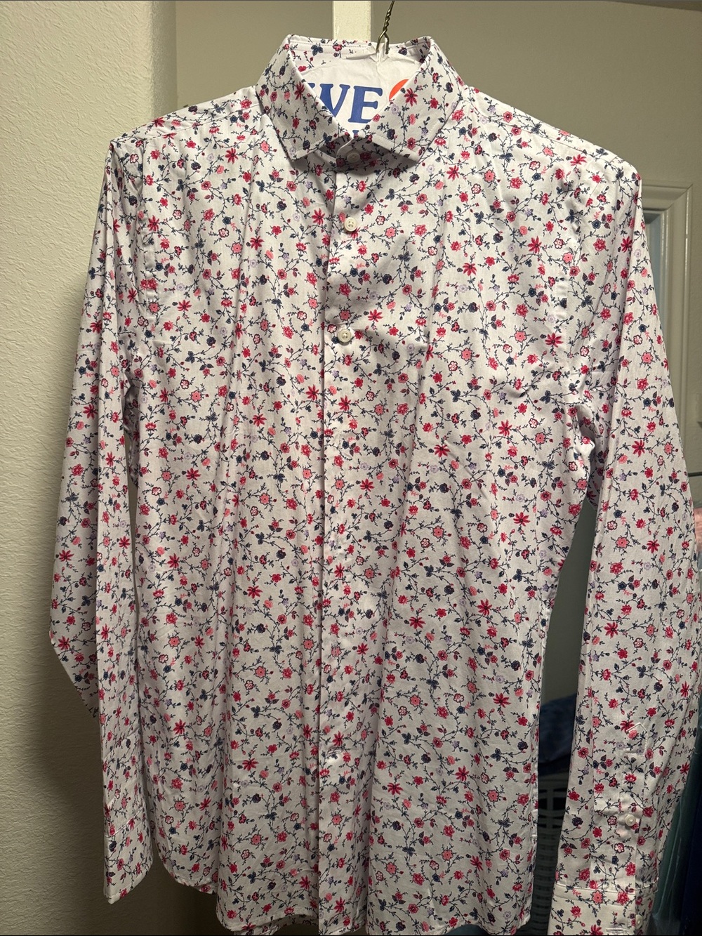 Express Men’s White Button-Down Shirt with Red & Blue Floral Print
